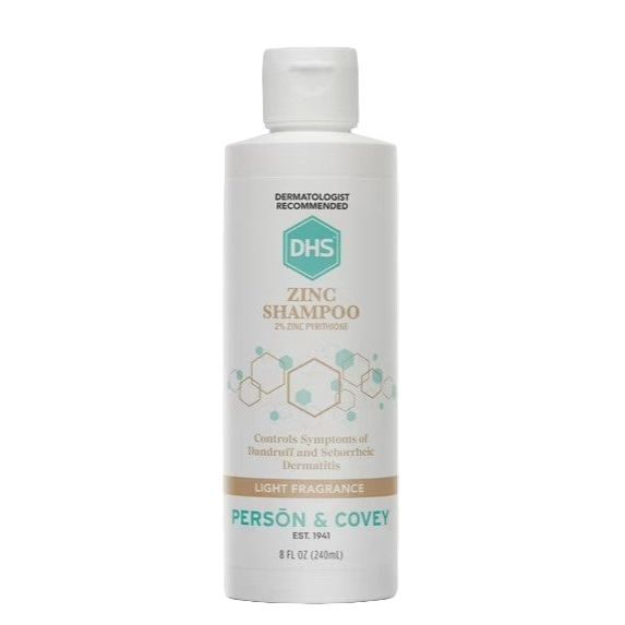 DHS 2% Zinc Pyrithione Shampoo by Pasteur Pharmacy, 8 fl oz bottle, showing the shampoo bottle with label and cap.