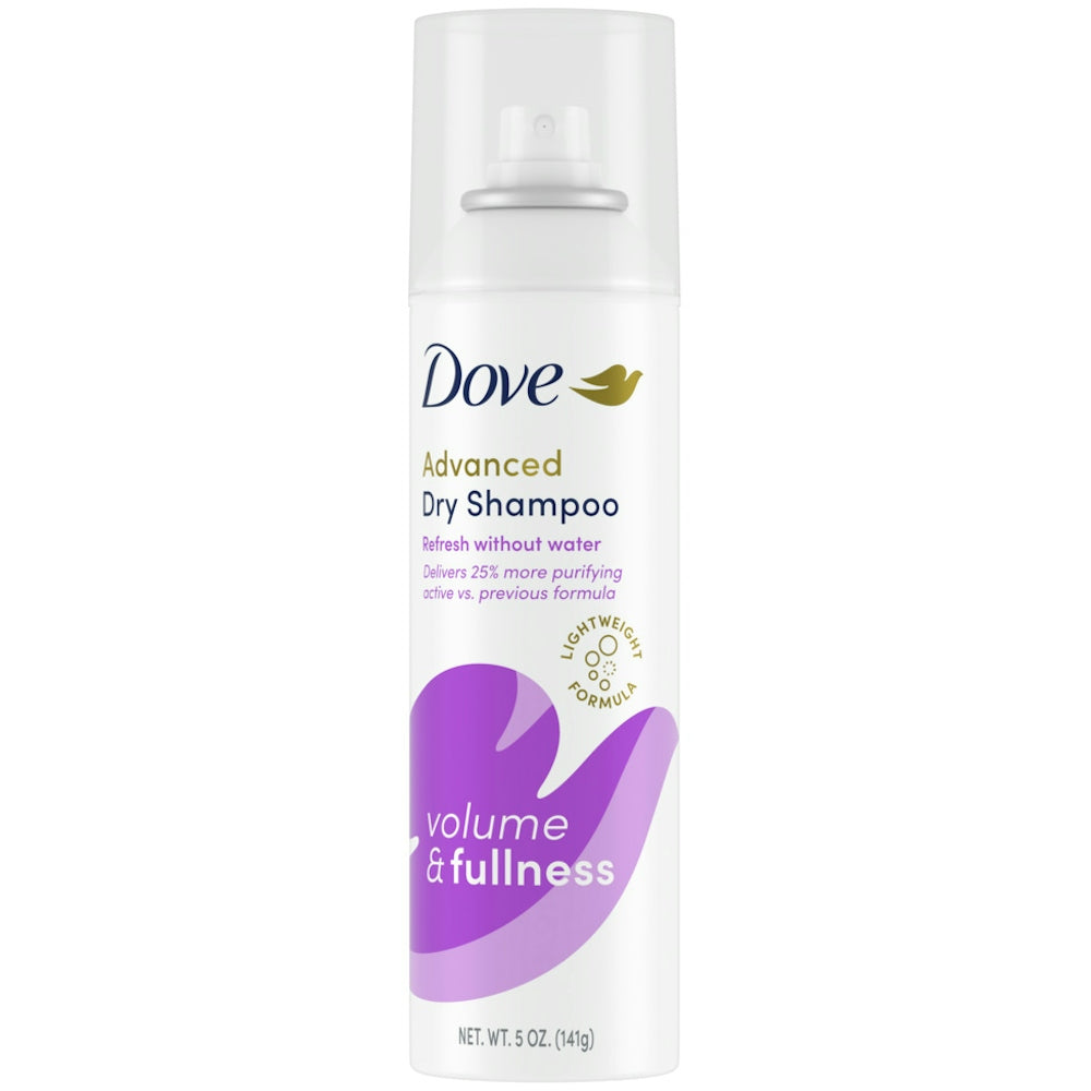 Dove Beauty Refresh + Care Volume & Fullness Dry Shampoo 5oz bottle, featuring white spray nozzle and label with blue accents.