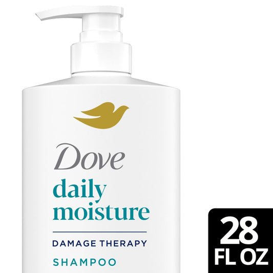 Dove Damage Therapy Daily Moisture Shampoo in a 28 fl oz bottle, featuring smooth, moisture-rich hair care from Pasteur Pharmacy.