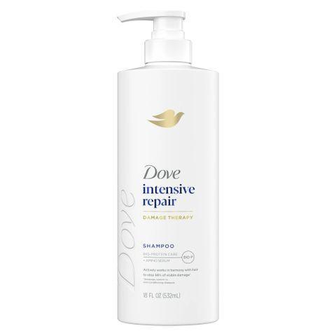 Dove Intensive Repair Shampoo for damaged hair with Bio-Restore Complex, 18 oz, showing the shampoo bottle with label details