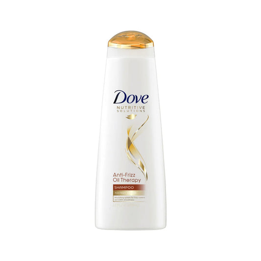Dove Nutritive Solutions Anti-Frizz Shampoo Oil Therapy with Nutri-Oils, 12 fl oz, in a clear bottle with shampoo lather