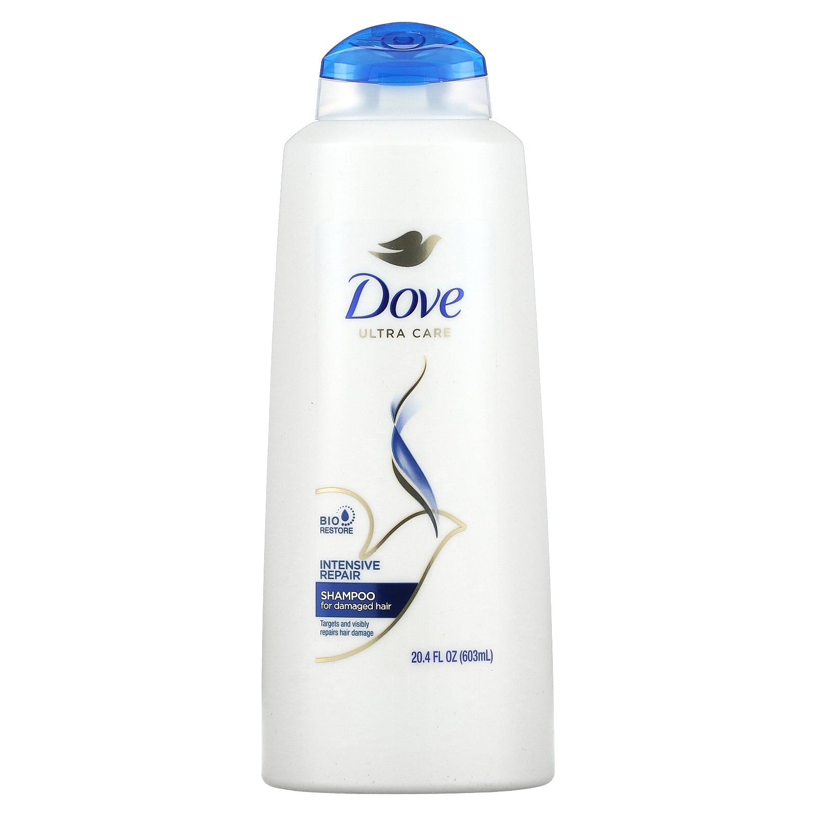 Dove Nutritive Solutions Intensive Repair Shampoo in a 20.4 oz bottle, featuring creamy formula for damaged hair care.