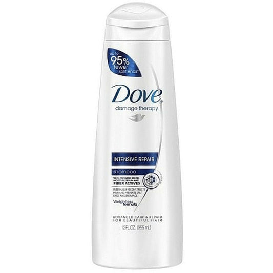 Dove Nutritive Solutions Strengthening Shampoo bottle, Intensive Repair, 12 Fl Oz, with shampoo and hair care details visible.