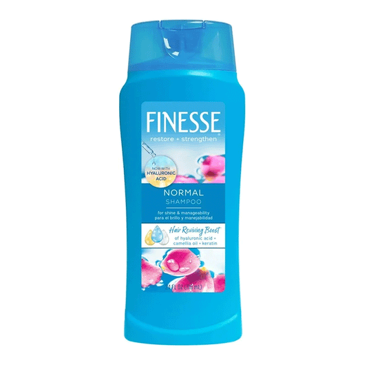 Finesse Restore + Strengthen Shampoo by Pasteur Pharmacy, for normal hair, with a clear bottle and shampoo lather.