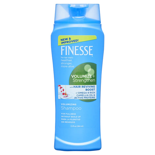 Finesse Volumize + Strengthen shampoo by Pasteur Pharmacy, 13 fl oz bottle, shown with thick, shiny hair and vibrant packaging.