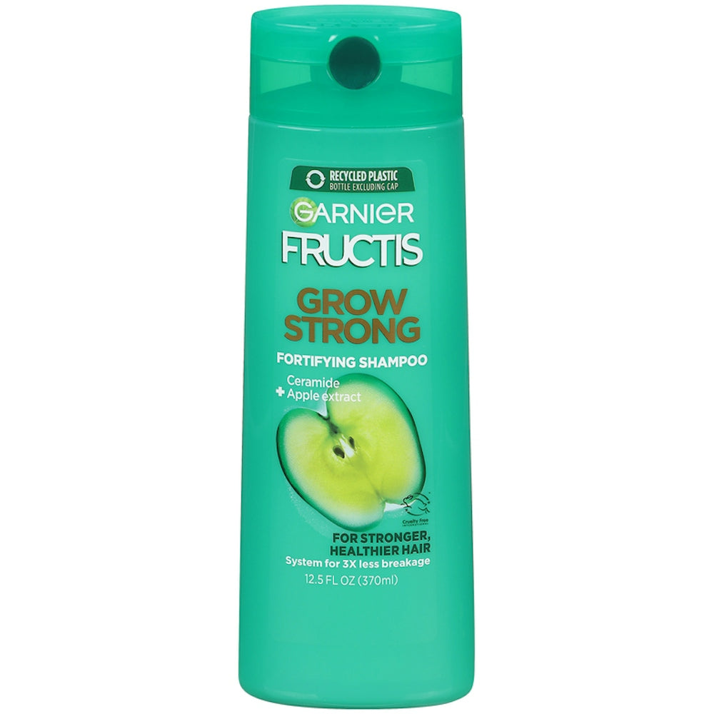 Garnier Fructis Grow Strong Shampoo in 12.5 fl oz bottle, with green and white packaging, designed to strengthen hair.