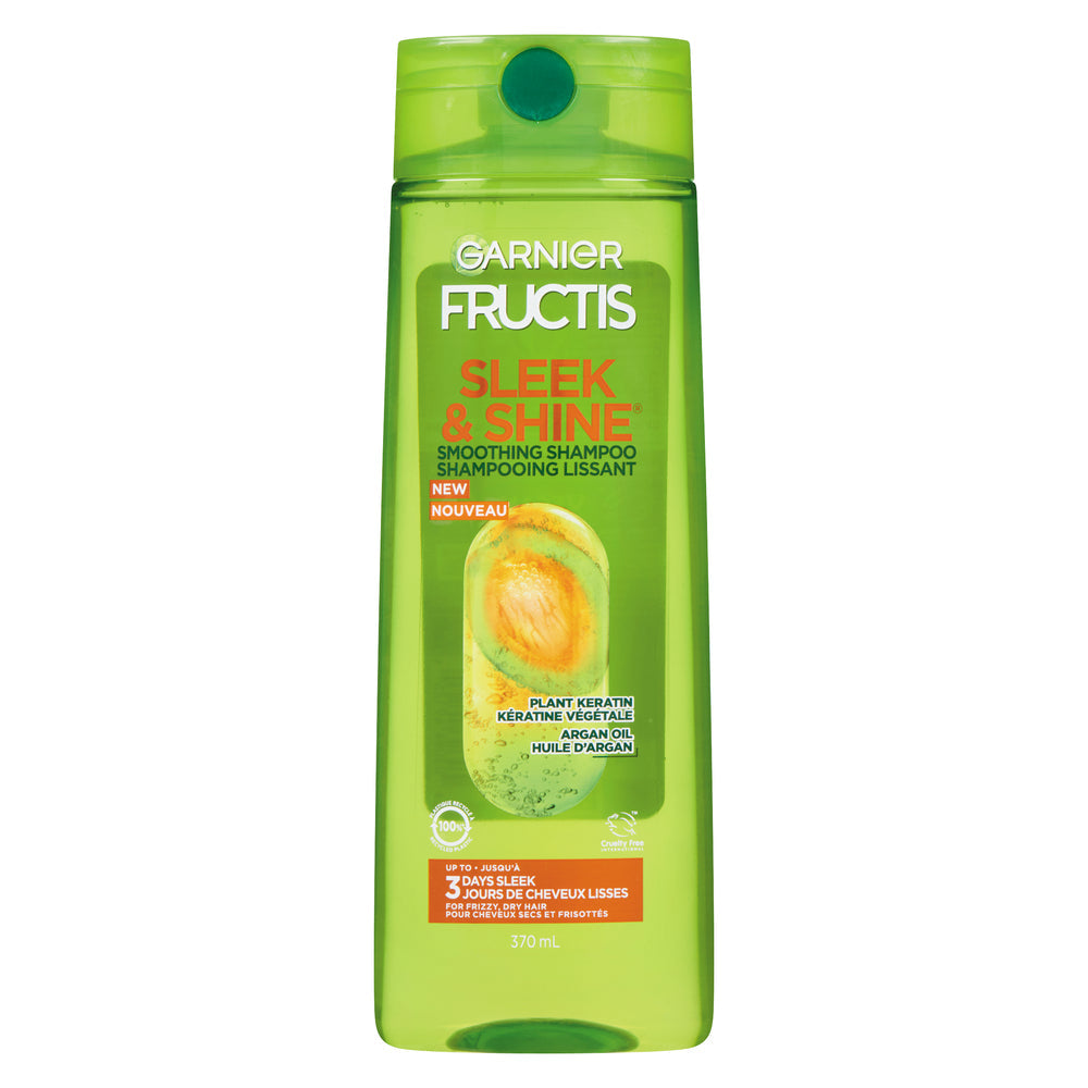 Garnier Fructis Sleek & Shine Shampoo for dry, frizzy hair in 13 oz bottle, with a sleek, shiny hair illustration on the label