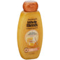 Garnier Whole Blends Honey Treasures Shampoo for damaged hair in a 650 mL bottle, featuring natural honey ingredients.