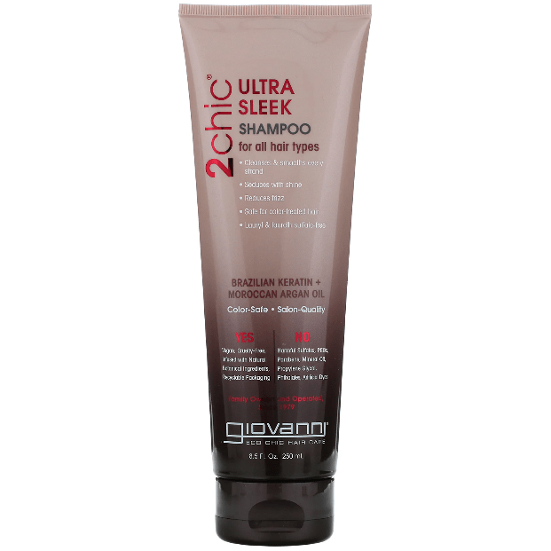 Giovanni 2 Chic Ultra Sleek Shampoo bottle, 8.5 oz, with sleek packaging, for smooth and shiny hair.
