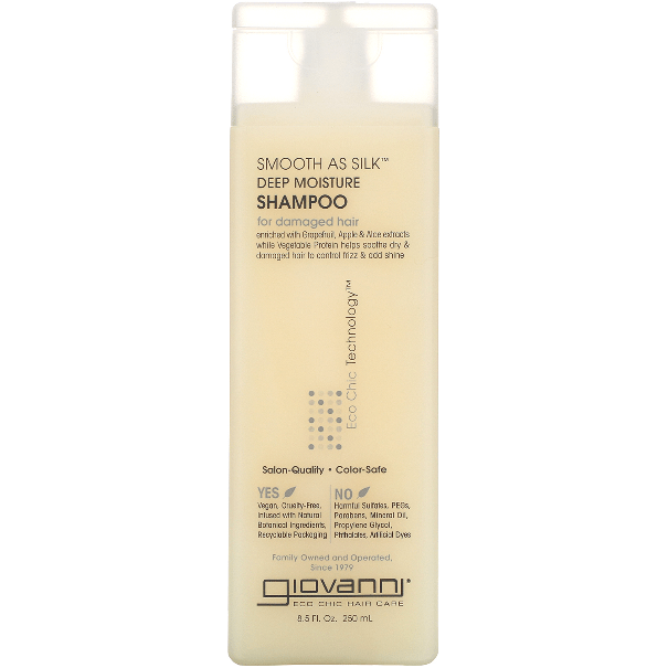 Giovanni Smooth As Silk Shampoo in 8.5 oz bottle, a gentle shampoo for smooth, shiny hair from Pasteur Pharmacy.