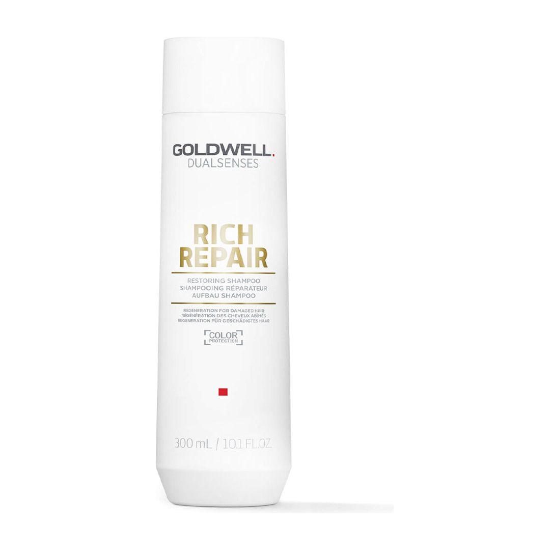 Goldwell Dualsenses Rich Repair Restoring Shampoo in 10.1 oz bottle, nourishing hair and restoring shine and strength.
