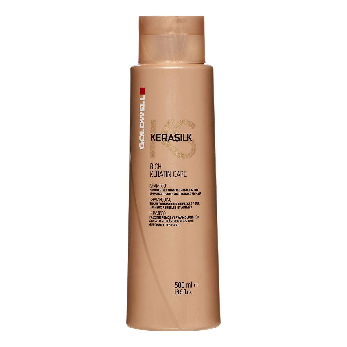 Goldwell Kerasilk Care & Smoothness Shampoo 16 oz bottle, designed for smoothing and nourishing hair, displayed in a clean bottle image.