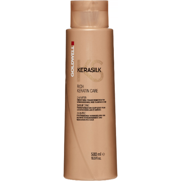 Goldwell Kerasilk Rich Keratin Care Shampoo in 16.9 oz bottle, nourishing shampoo for silky, smooth hair.