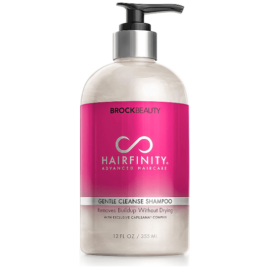 Hairfinity Gentle Cleanse Shampoo in a 12 oz bottle, featuring a clear and simple label, designed for gentle hair cleansing.