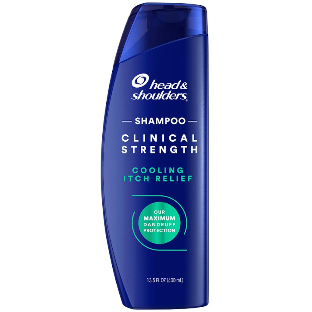 Head & Shoulders 2in1 Clinical Strength Cooling Itch Relief Shampoo in a bottle, designed for scalp and hair care.