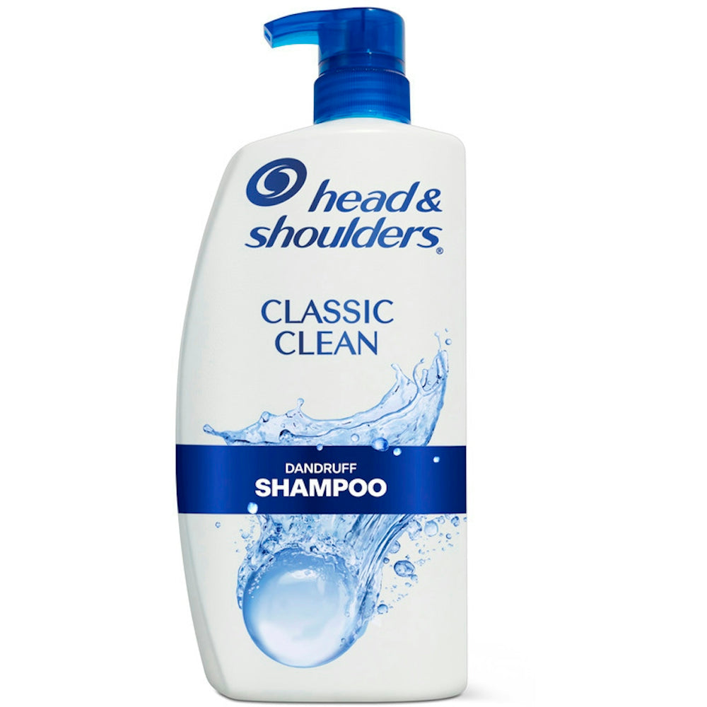 Head & Shoulders Classic Clean Daily Dandruff Shampoo bottle, 28.2 fl oz, with white and blue packaging.