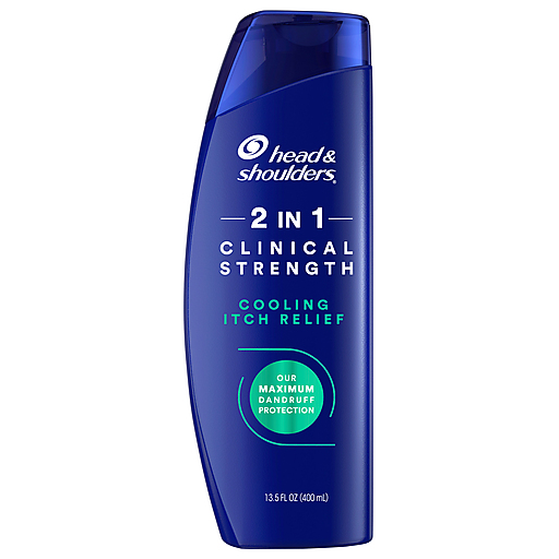 Head & Shoulders Clinical Strength 2-in-1 dandruff shampoo bottle, 13.5 fl oz, for itch relief and scalp care.