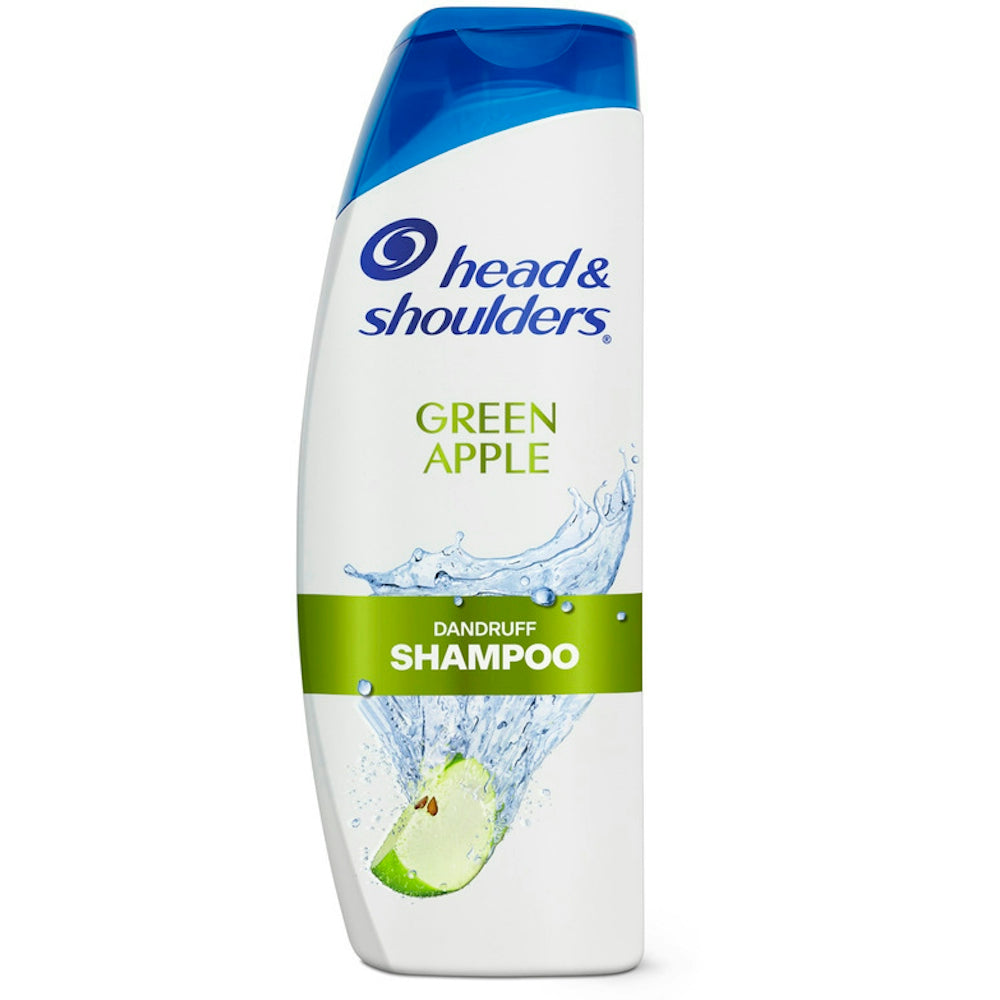 Head & Shoulders Daily Green Apple dandruff shampoo bottle, 12.5 fl oz, with green apple scent and clear label, for scalp care.