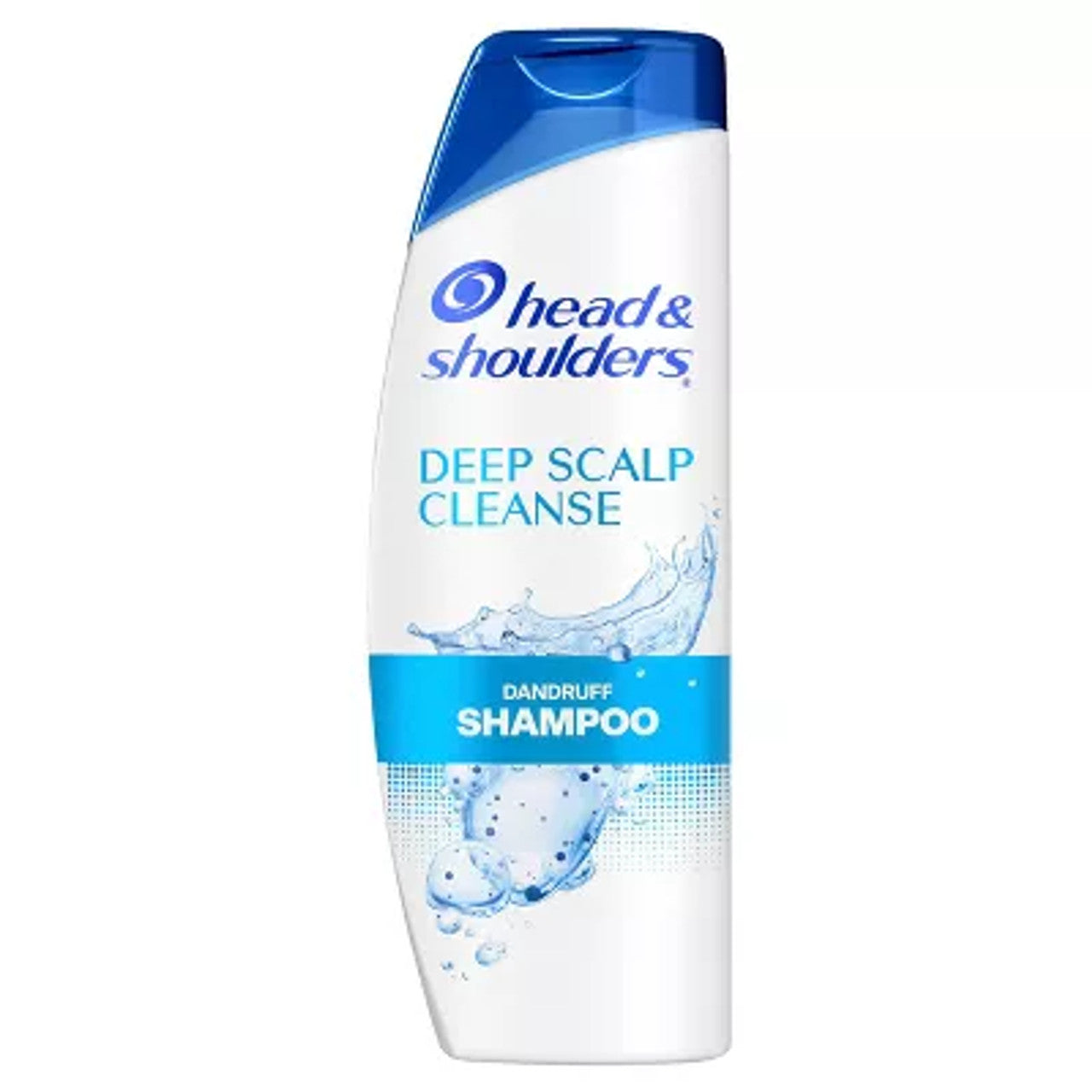 Head & Shoulders dandruff shampoo bottle with deep scalp cleanse formula, 12.5 oz, in a clear plastic container.