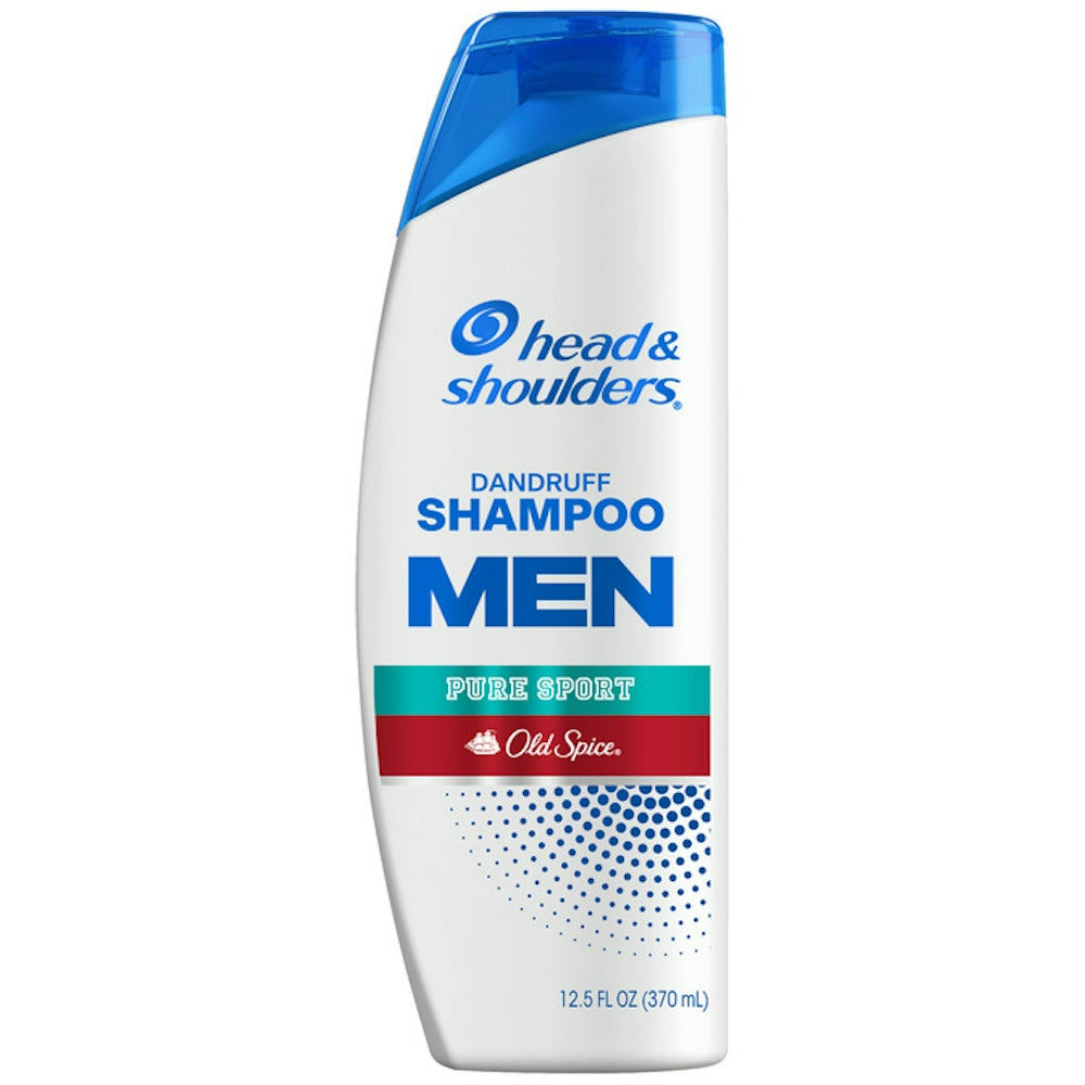 Head & Shoulders men's dandruff shampoo with Old Spice Pure Sport scent, featuring a clear bottle and label design.