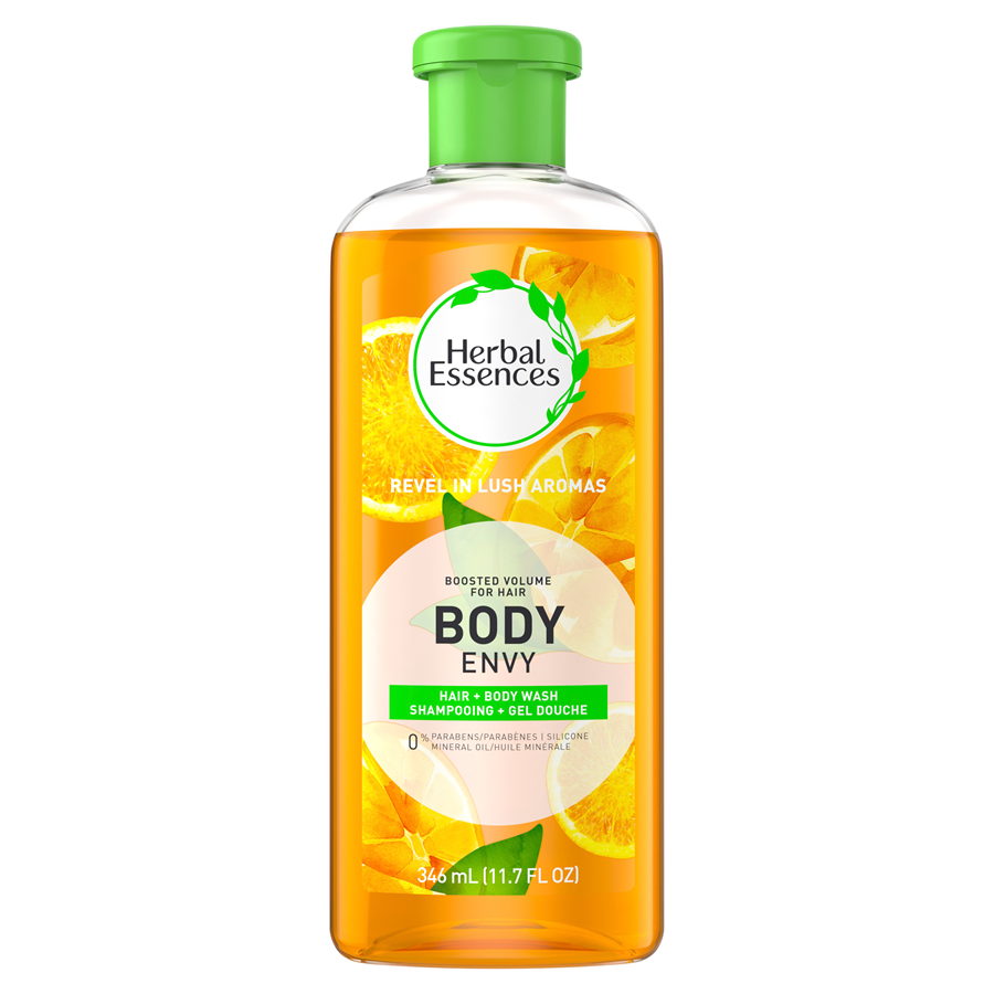 Herbal Essences Body Envy Shampoo in 11.7 fl oz bottle, natural herbal formula for shiny, healthy hair.