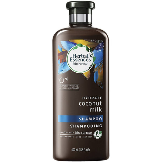 Herbal Essences Hydrate Coconut Milk Shampoo in 13.5 fl oz bottle, moisturizing hair care product with natural coconut scent