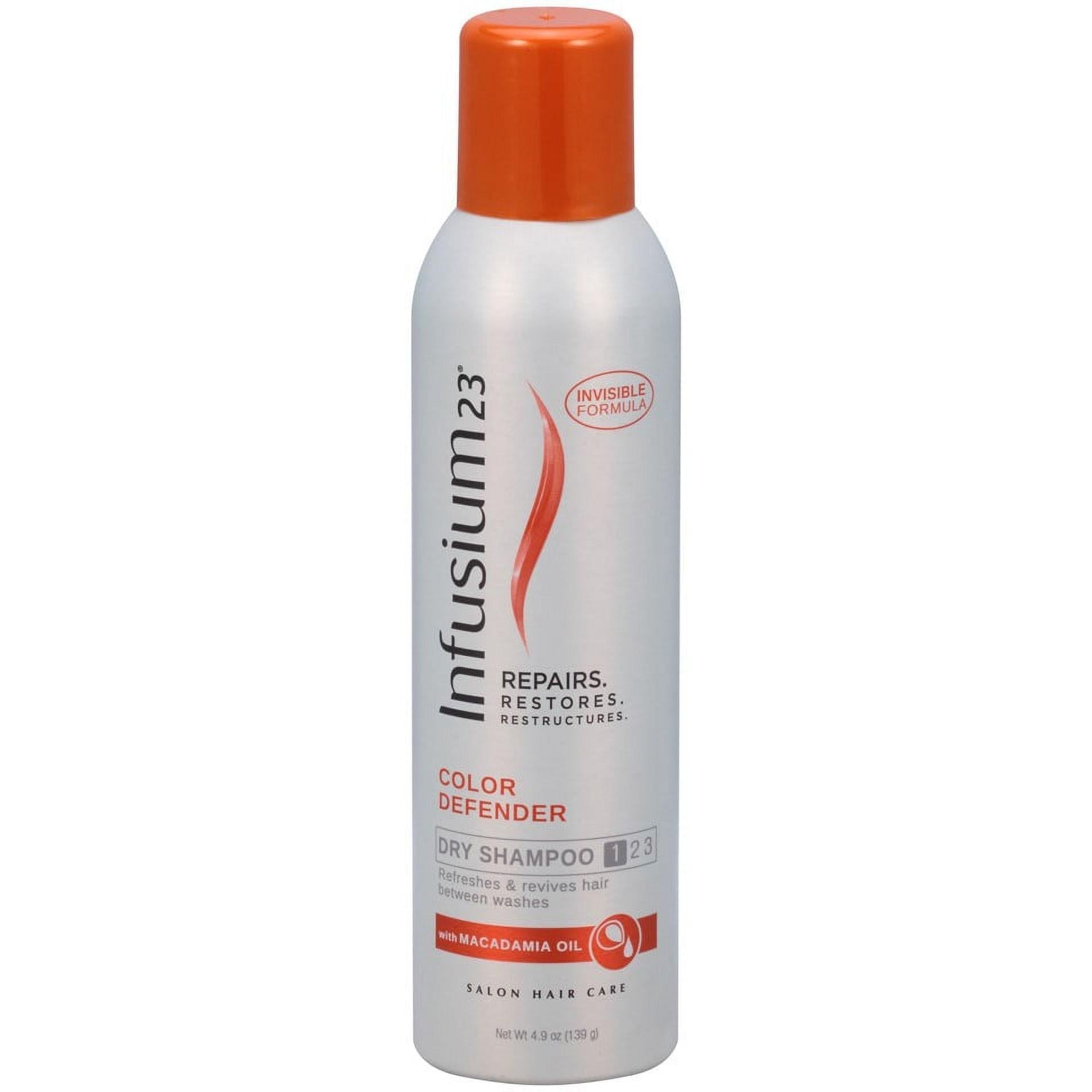 Infusium 23 Dry Shampoo Color Defender with Macadamia Nut Oil in a 4.9 oz bottle, designed for color-treated hair.