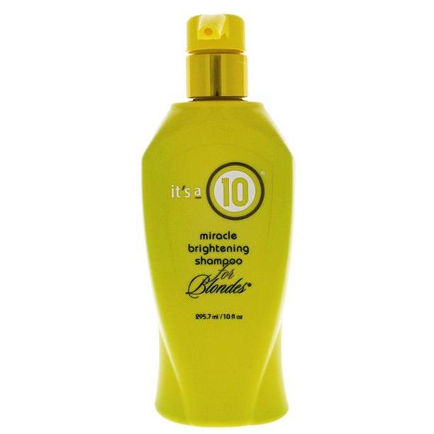 Pasteur Pharmacy It's a 10 Miracle Brightening Shampoo for blondes, 10oz bottle with clear liquid and purple label.