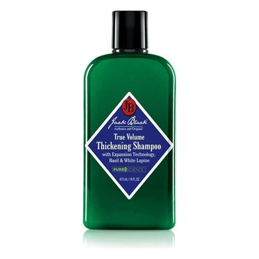 Jack Black True Volume Thickening Shampoo bottle from Pasteur Pharmacy with 16 fl oz capacity, designed to add volume and fullness to hair.