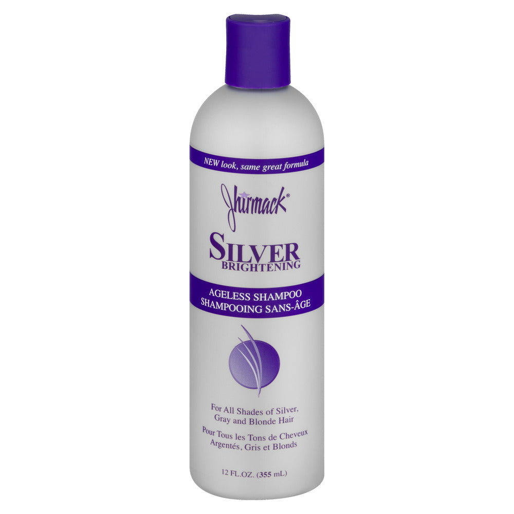 Jhirmack Silver Brightening Purple Shampoo in 12 Fl Oz bottle, designed to enhance blonde and silver hair brightness.