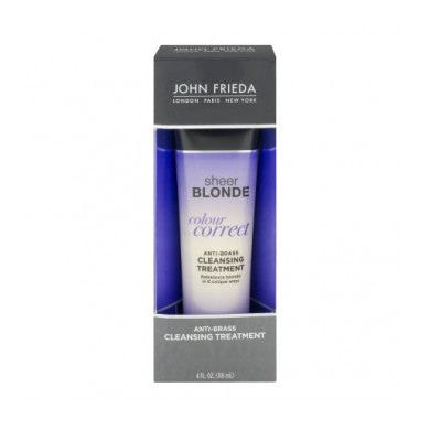 John Frieda Pura Rubia anti-latón color-correcting shampoo in 4 oz bottles, part of a pack of four, displayed in the image.