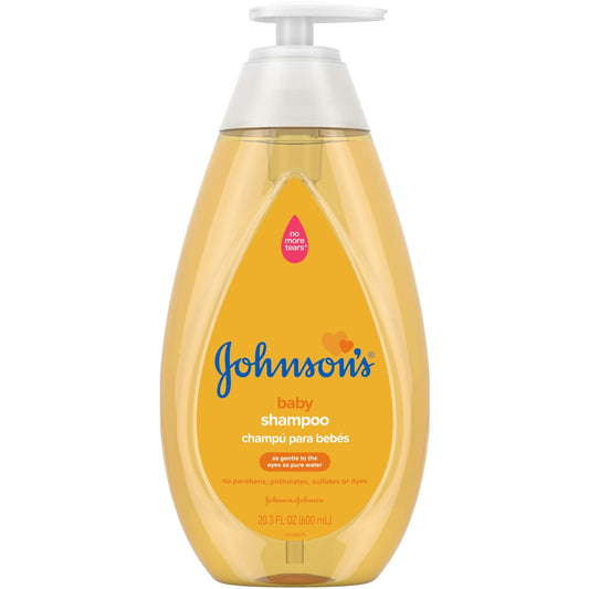Johnson's Baby Shampoo with gentle tear-free formula in 20.3 fl oz bottle, featuring baby-friendly packaging and branding.