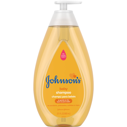 Johnson's Baby Shampoo with gentle tear-free formula in a 27.1 fl oz bottle, featuring soft, baby-safe packaging and branding.