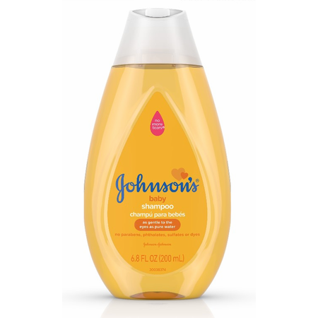 Johnson's Baby Shampoo in 6.8 fl oz bottle, gentle tear-free formula, with soft baby hair and clear shampoo liquid inside.