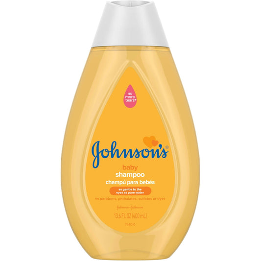 Johnson's Baby Tear Free Shampoo in 13.6 fl oz bottle, gentle formula, clear liquid shampoo with baby-friendly packaging.