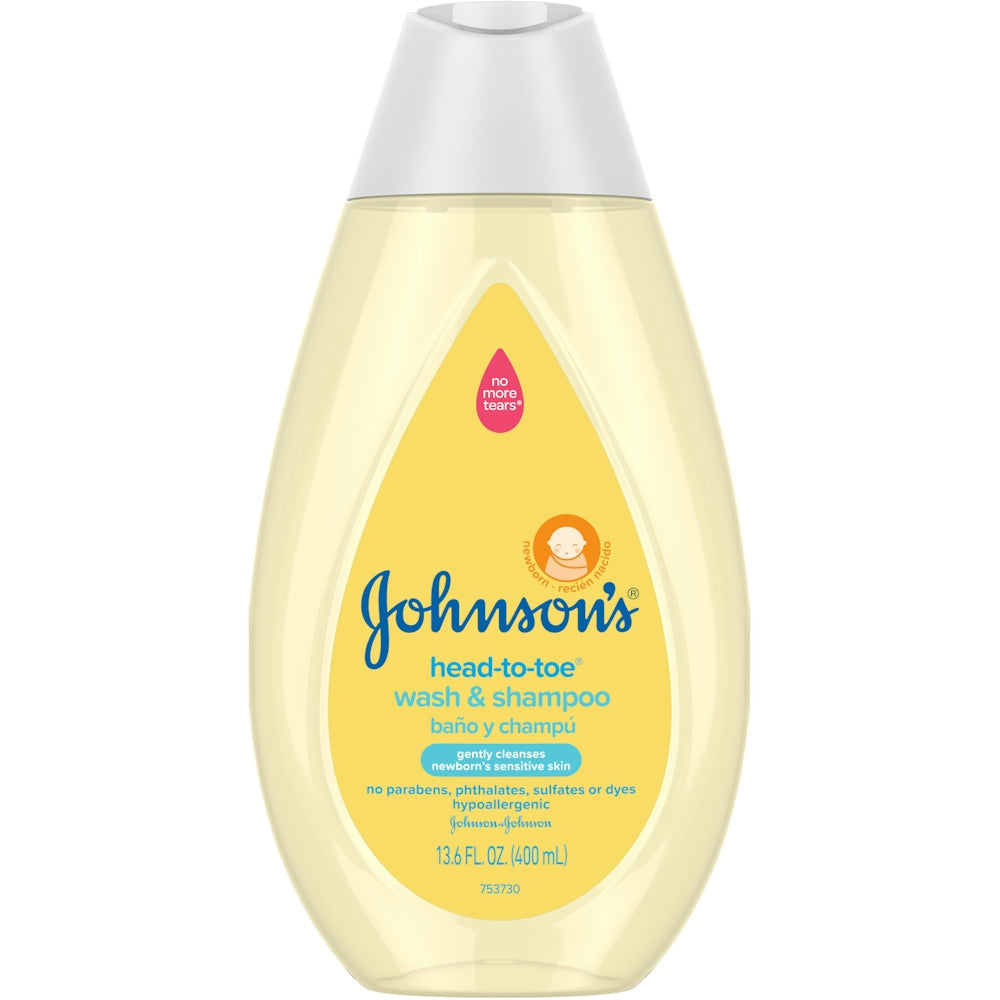 Johnson's Baby Wash & Shampoo for newborns in a 13.6 fl oz bottle, gentle baby shampoo and wash from Pasteur Pharmacy.