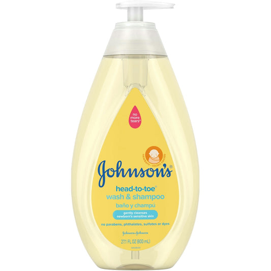 Johnson's Head-To-Toe Gentle Tear-Free Baby Shampoo in 27.1 Fl Oz bottle, suitable for newborns and infants.