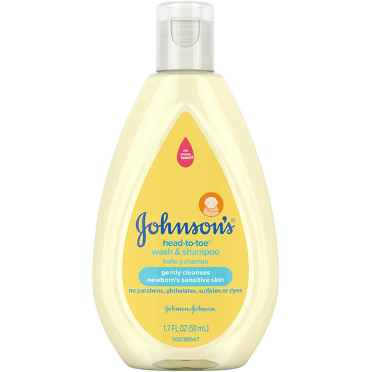 Johnson's HeadtoToe gentle tear-free baby shampoo for sensitive skin in a 170 oz bottle, suitable for delicate baby hair and skin.