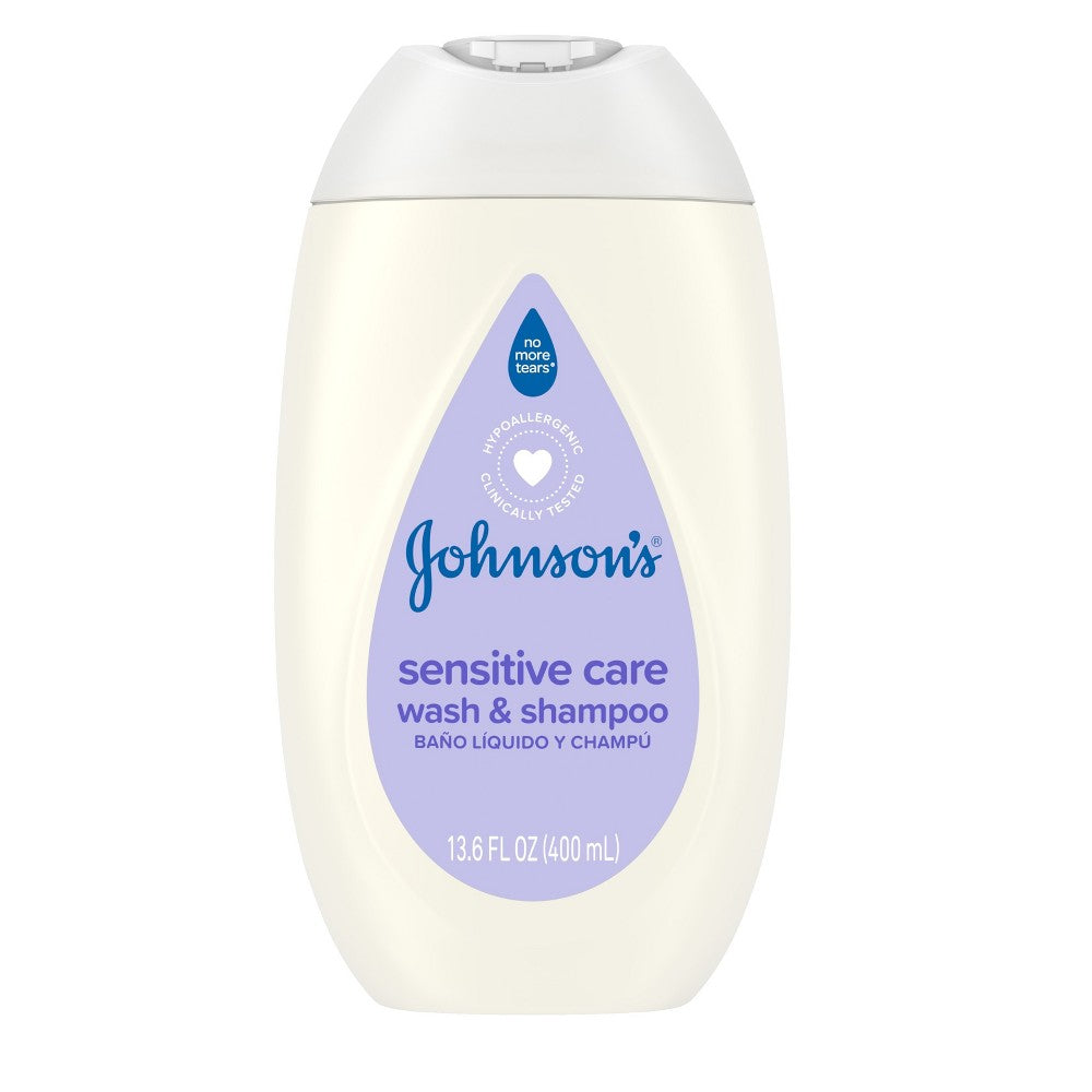 Johnson's Sensitive Care lightly scented shampoo and wash in a 13.6 oz bottle, gentle for sensitive skin.