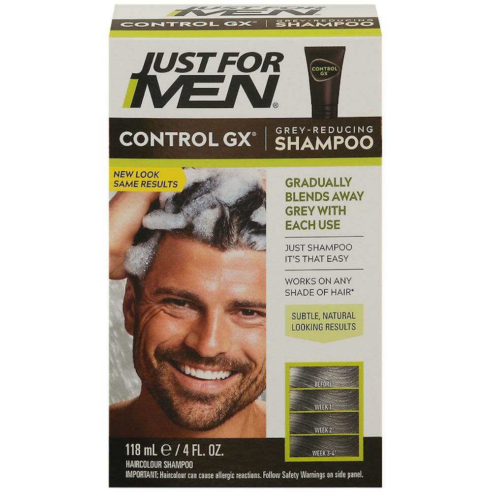 Just For Men Control GX grey-reducing hair color shampoo in 4 oz bottle, with shampoo bottle and label visible.