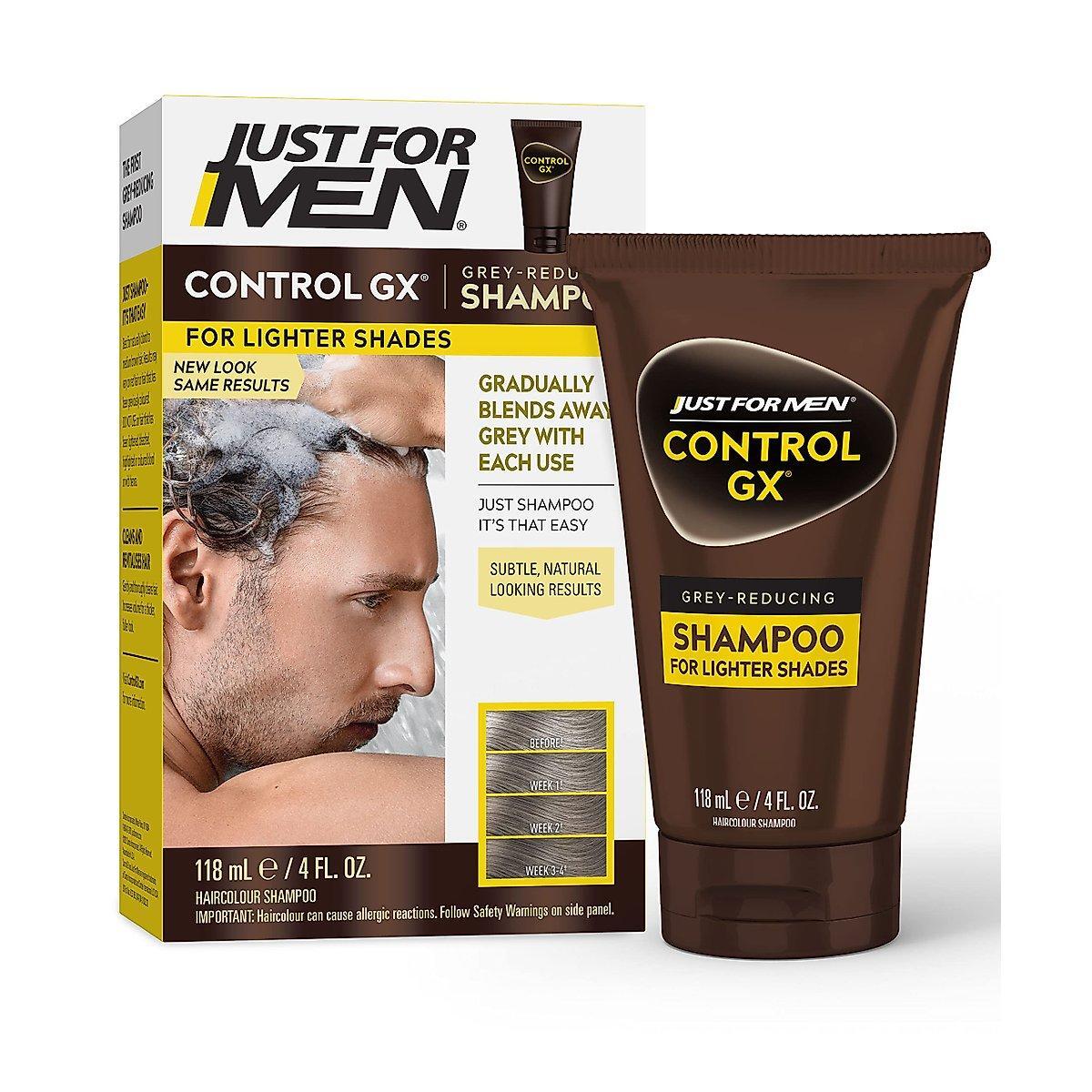 Just For Men Control GX Light Shades Shampoo in 4 fl oz bottle, designed to help control gray hair with natural ingredients.