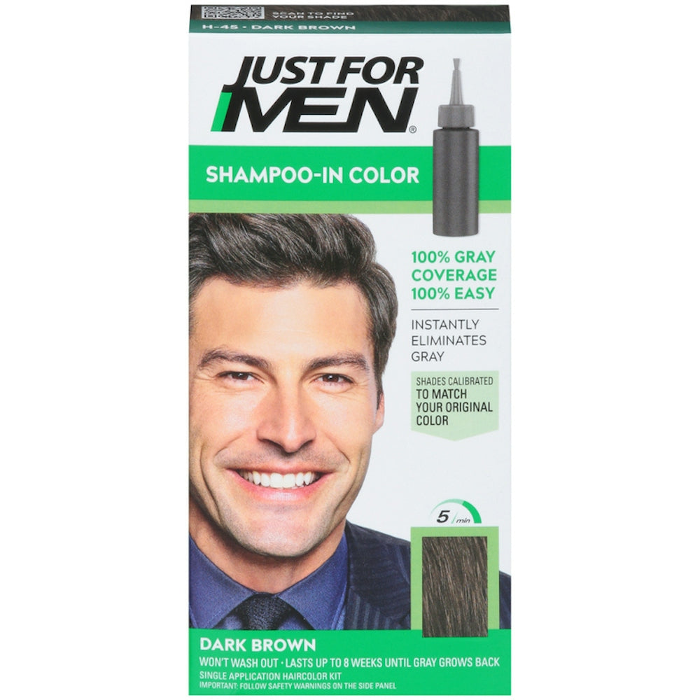 Just For Men Original Formula dark brown men's hair color shampoo in a bottle, designed for natural-looking gray coverage