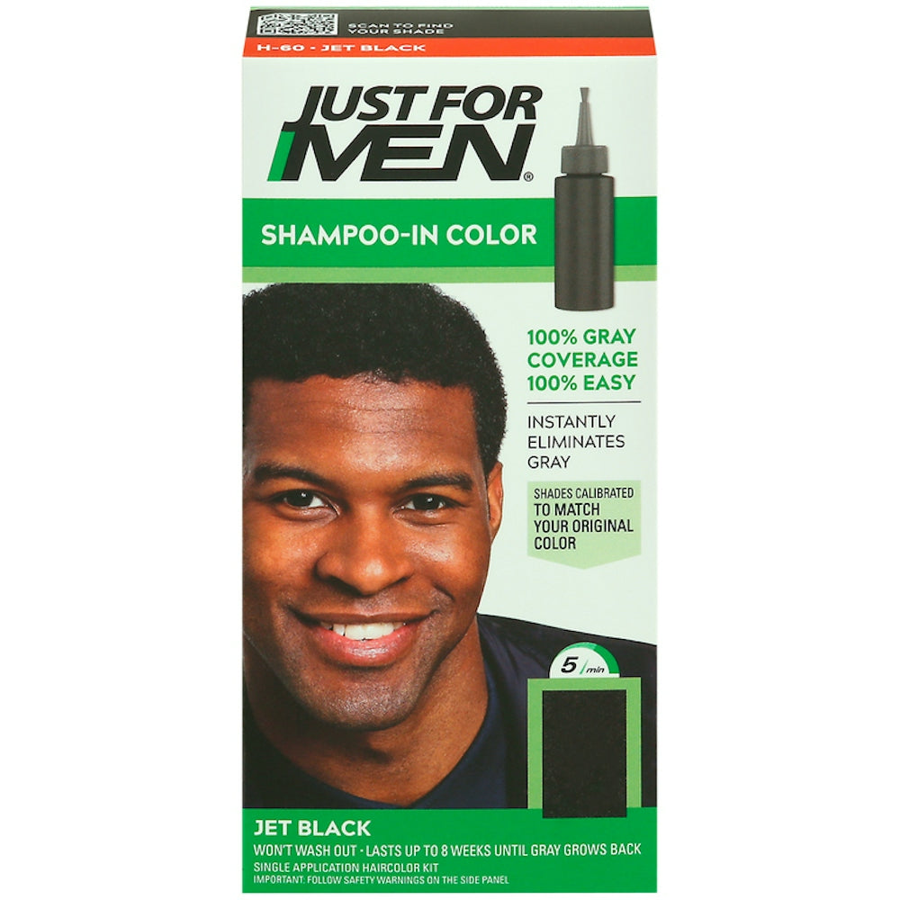 Just For Men Shampoo in Hair Color H-60 Jet Black, a dark black shampoo for men with natural-looking hair color.