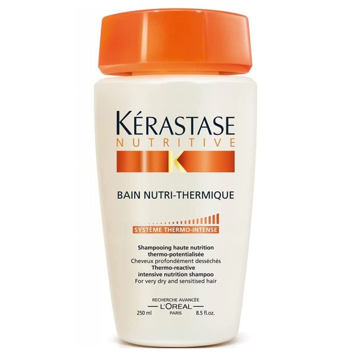 Kerastase Bain Nutri-Thermique shampoo bottle, 8.5 oz, with sleek packaging and product label visible.