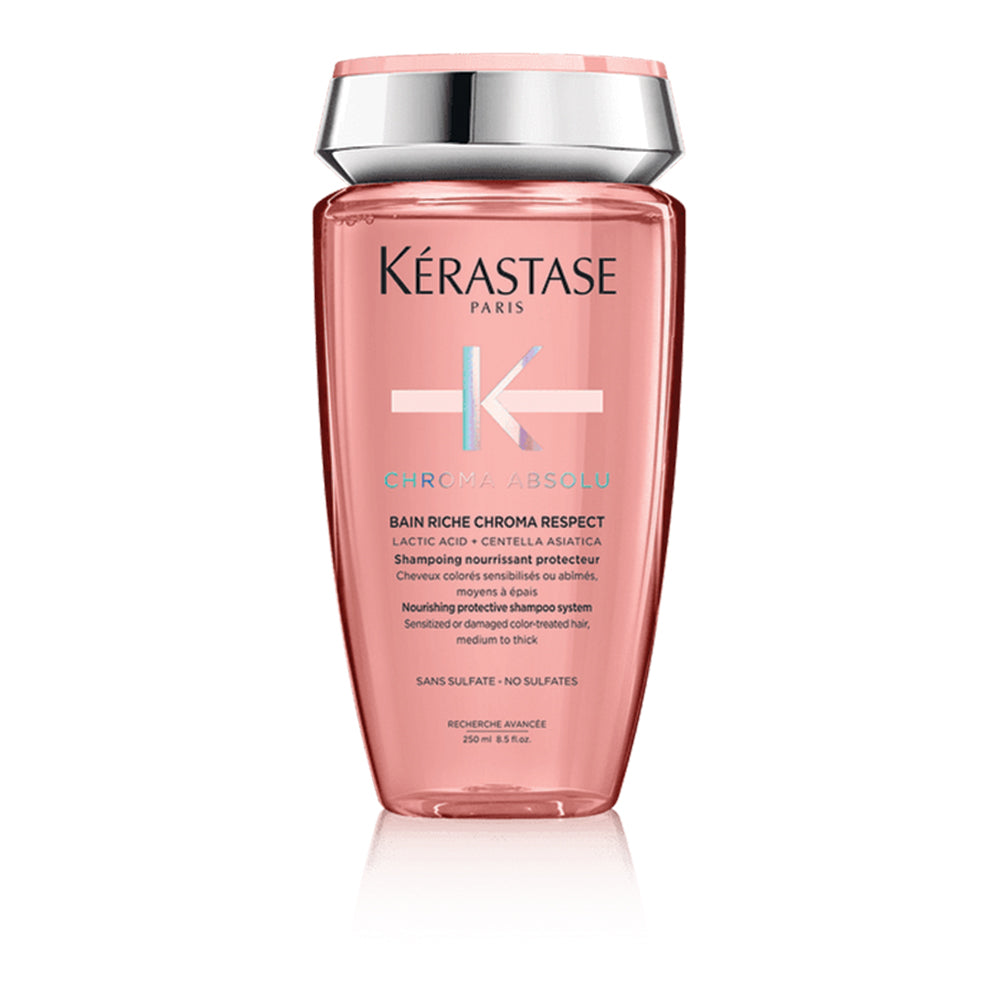 Kerastase Bain Riche Chroma Respect shampoo bottle, a luxurious hair care product for color-treated hair, on a white background.