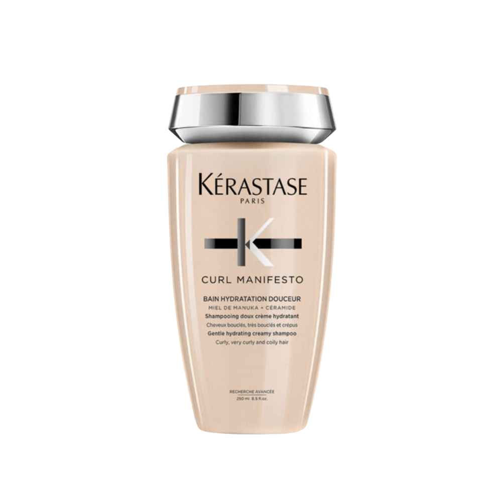 Kerastase Curl Manifesto Shampoo for Curly Hair in 250ml bottle, featuring a sleek design and curly hair on the label