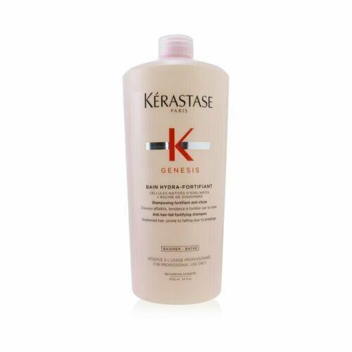 Kerastase Genesis Bain Hydra-Fortifiant shampoo for normal to oily hair in a 1000ml bottle, with a clear shampoo bottle and label.