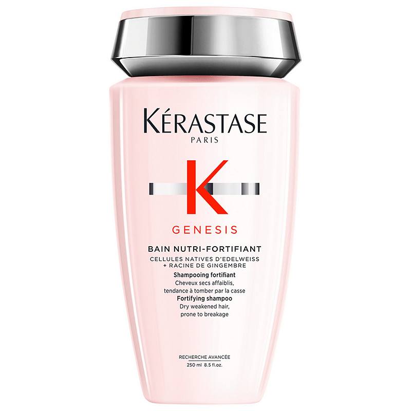 Kerastase Genesis Bain Nutri-Fortifiant Shampoo bottle, 8.5 oz, with sleek packaging and product label visible.