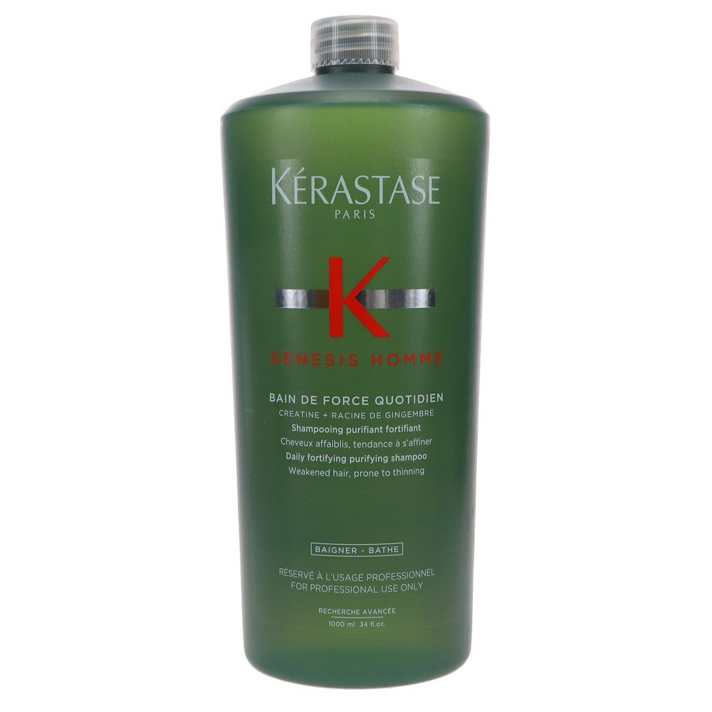 Kerastase Genesis Homme Bain De Force Quotidien Shampoo in 33.8 oz bottle, used for strengthening men's hair.