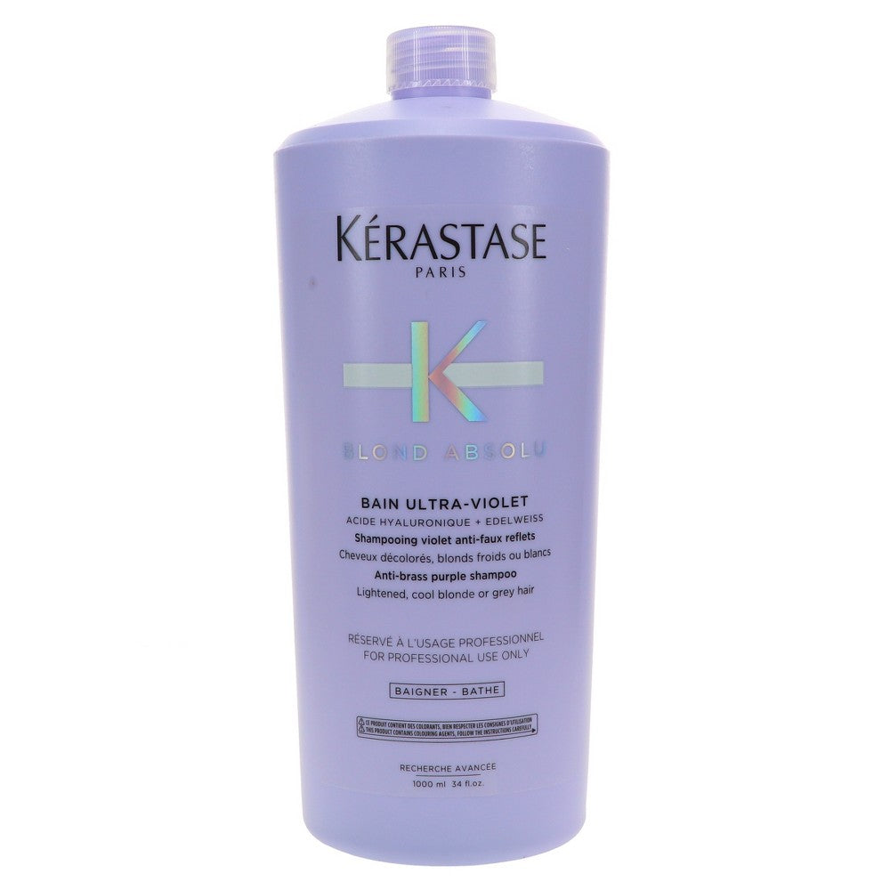 Kerastase Blond Absolu Bain Ultra-Violet Shampoo 34 oz, purple shampoo for blonde hair care, displayed in a professional setting
